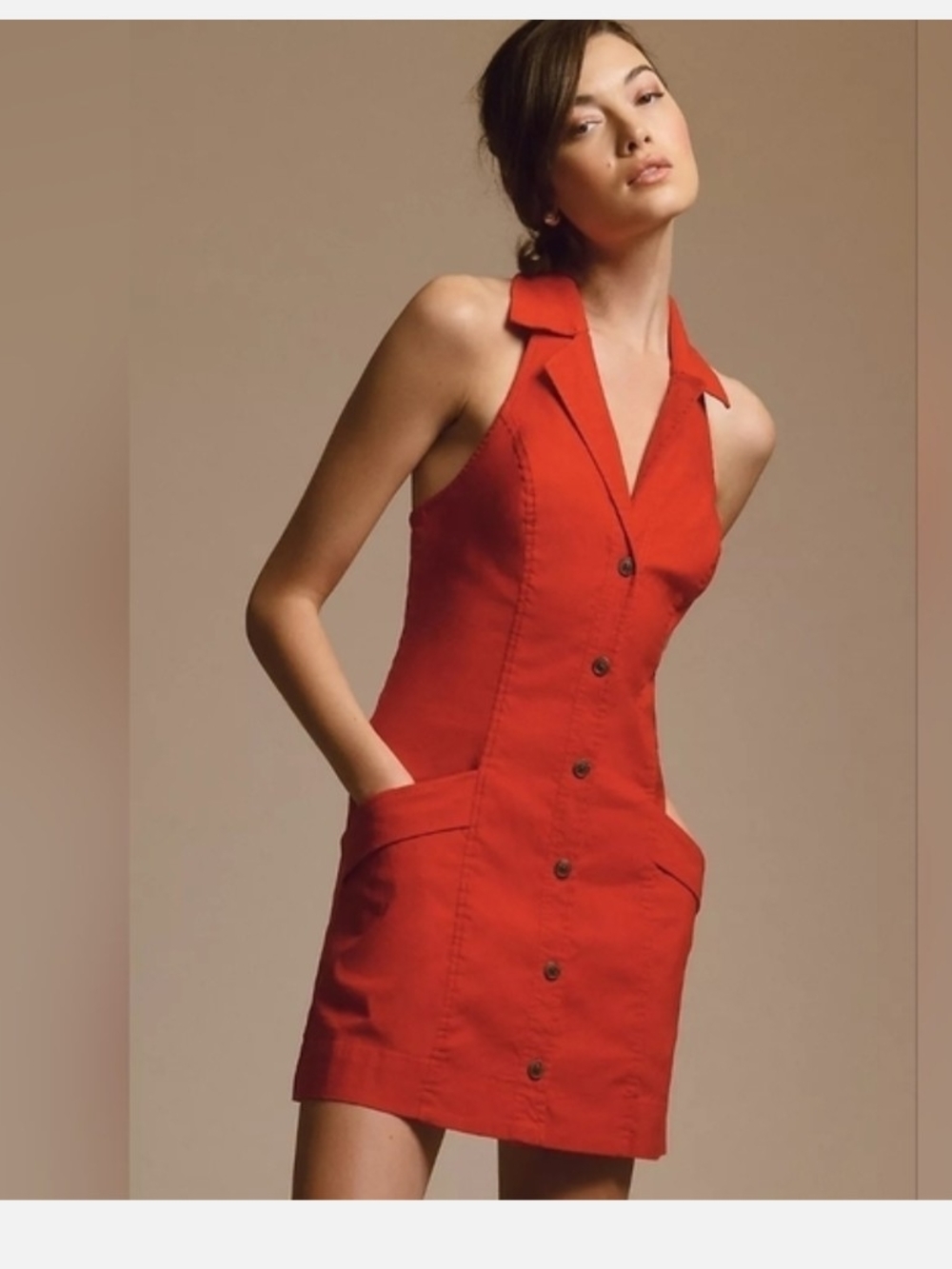 Maeve Red Button-Front Collared Halter Mini Dress